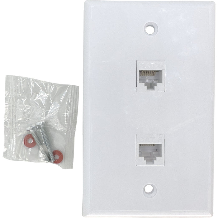 1201 Single Gang Two Port with Cat6 Keystone White Wallplate