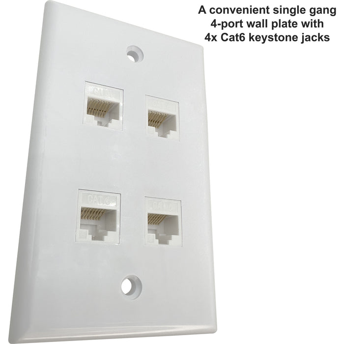 1203 Single Gang Four Port with Cat6 Keystone White Gloss Wallplate